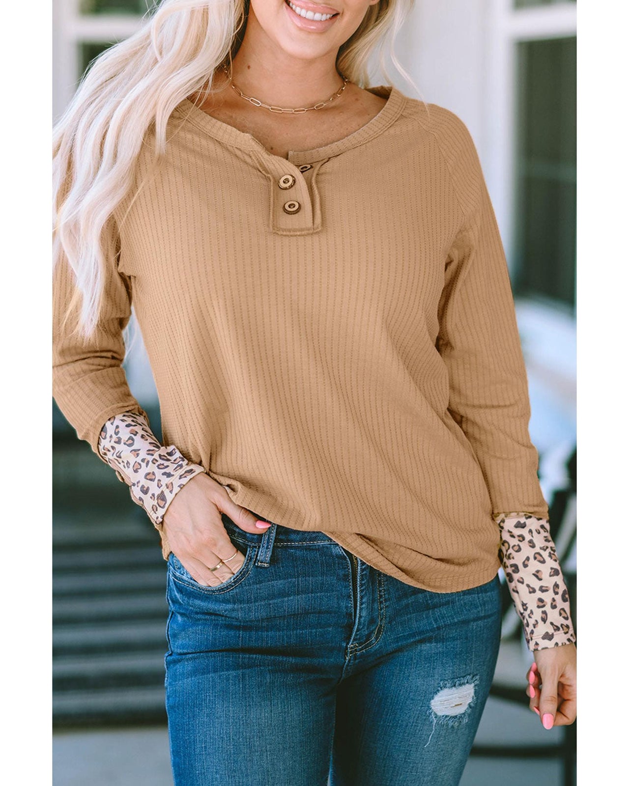 Azura Exchange Leopard Cuffs Ribbed Henley Top - M