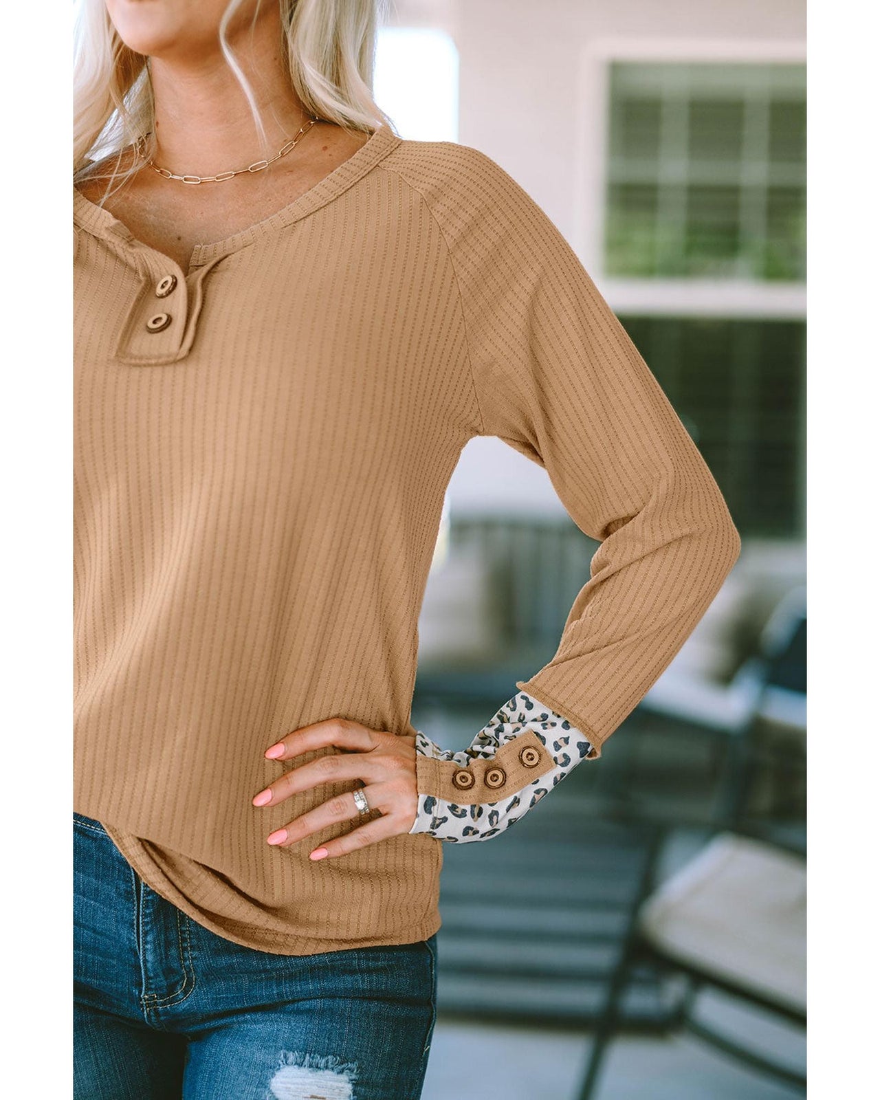 Azura Exchange Leopard Cuffs Ribbed Henley Top - M