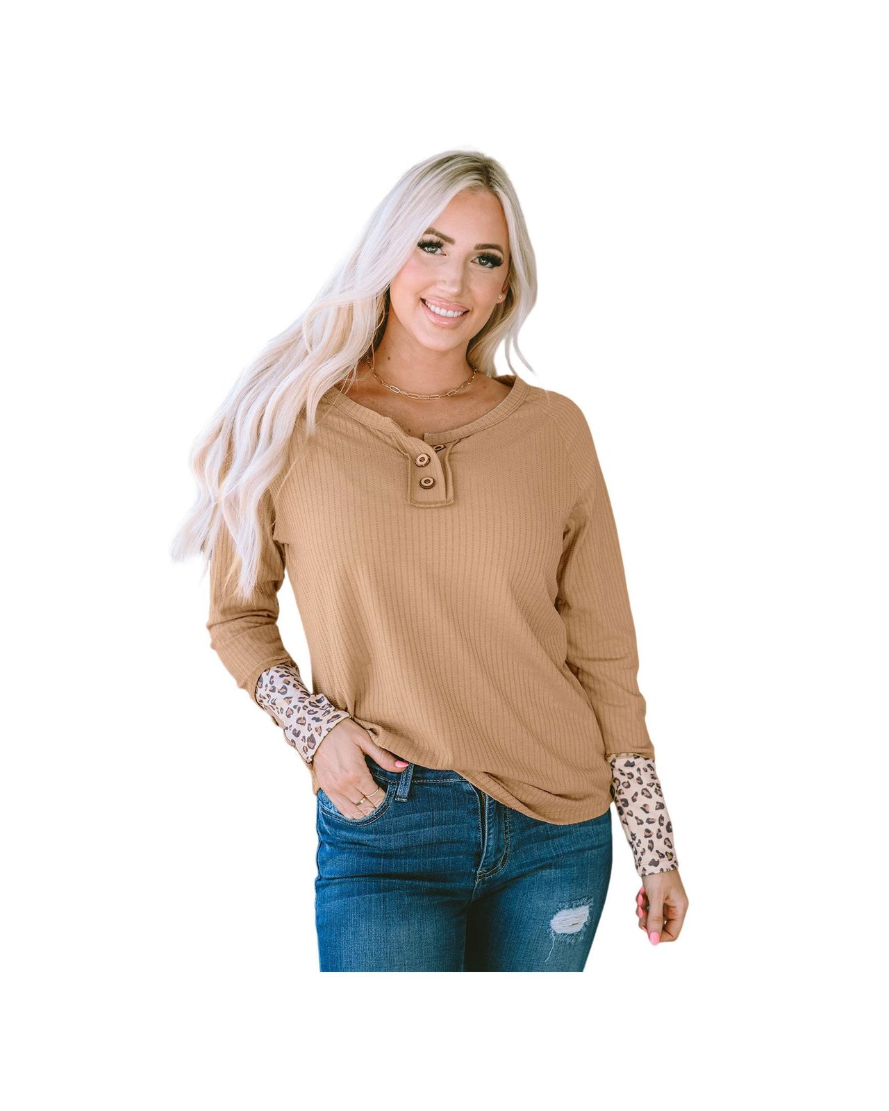 Azura Exchange Leopard Cuffs Ribbed Henley Top - M