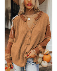 Thumbnail for Azura Exchange Contrast Patched Waffle Knit Henley Top - M