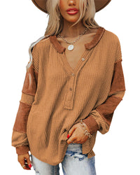 Thumbnail for Azura Exchange Contrast Patched Waffle Knit Henley Top - M