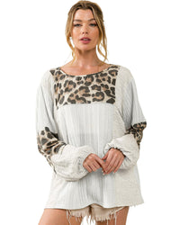 Thumbnail for Azura Exchange Leopard Patch Puff Sleeve Textured Blouse - L