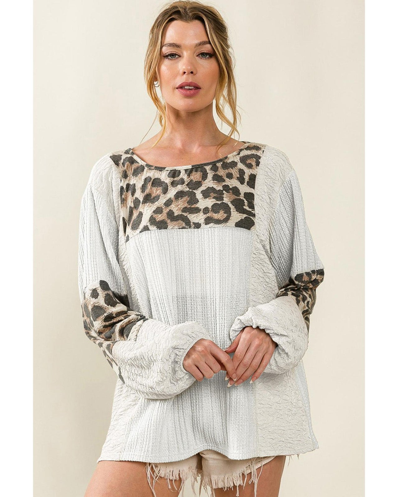 Azura Exchange Leopard Patch Puff Sleeve Textured Blouse - M