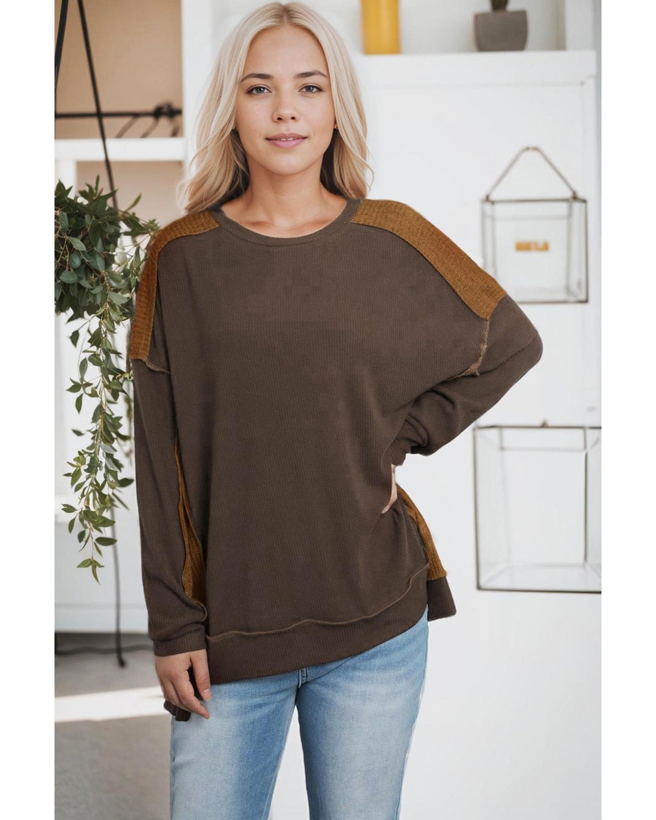 Azura Exchange Ribbed Knit Top with Unique Patchwork Design - L