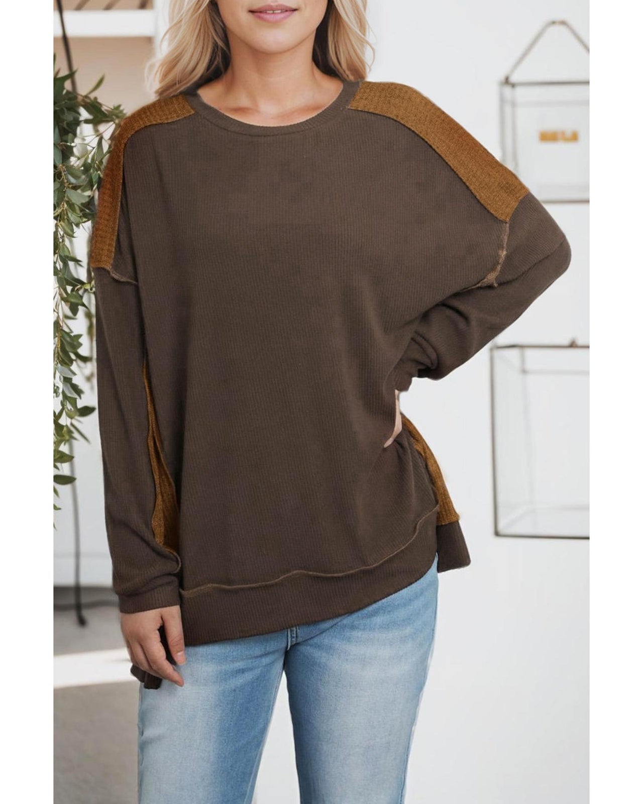 Azura Exchange Ribbed Knit Top with Unique Patchwork Design - L