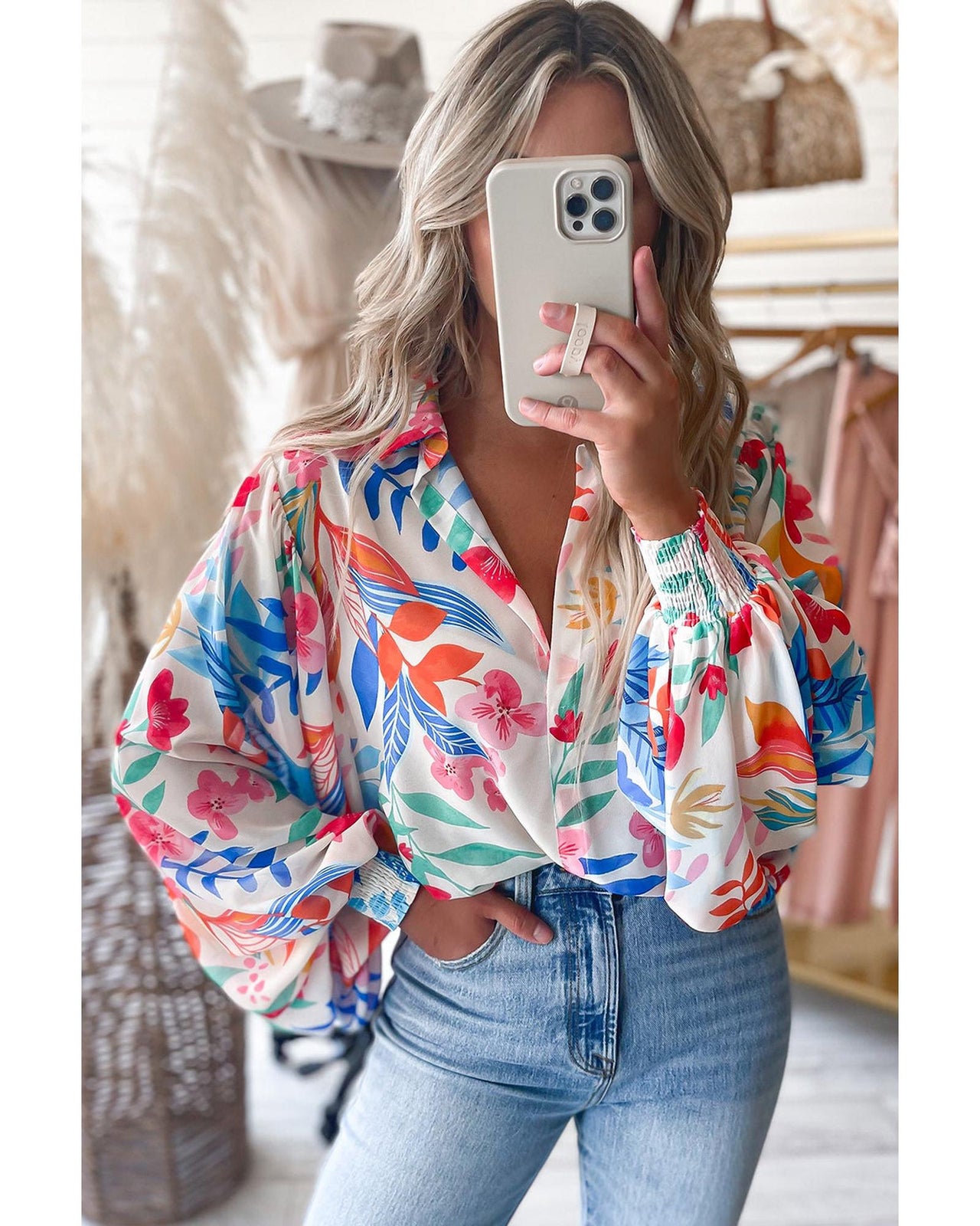 Azura Exchange Vibrant Floral Printed Billowy Sleeve Shirt - L