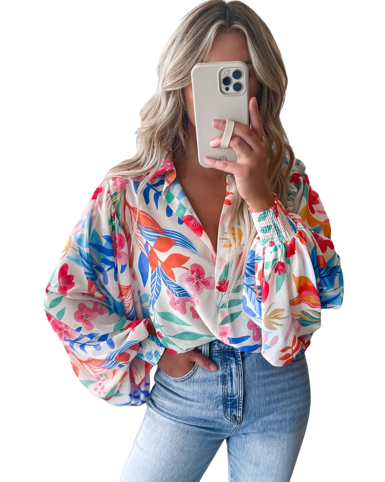 Azura Exchange Vibrant Floral Printed Billowy Sleeve Shirt - L