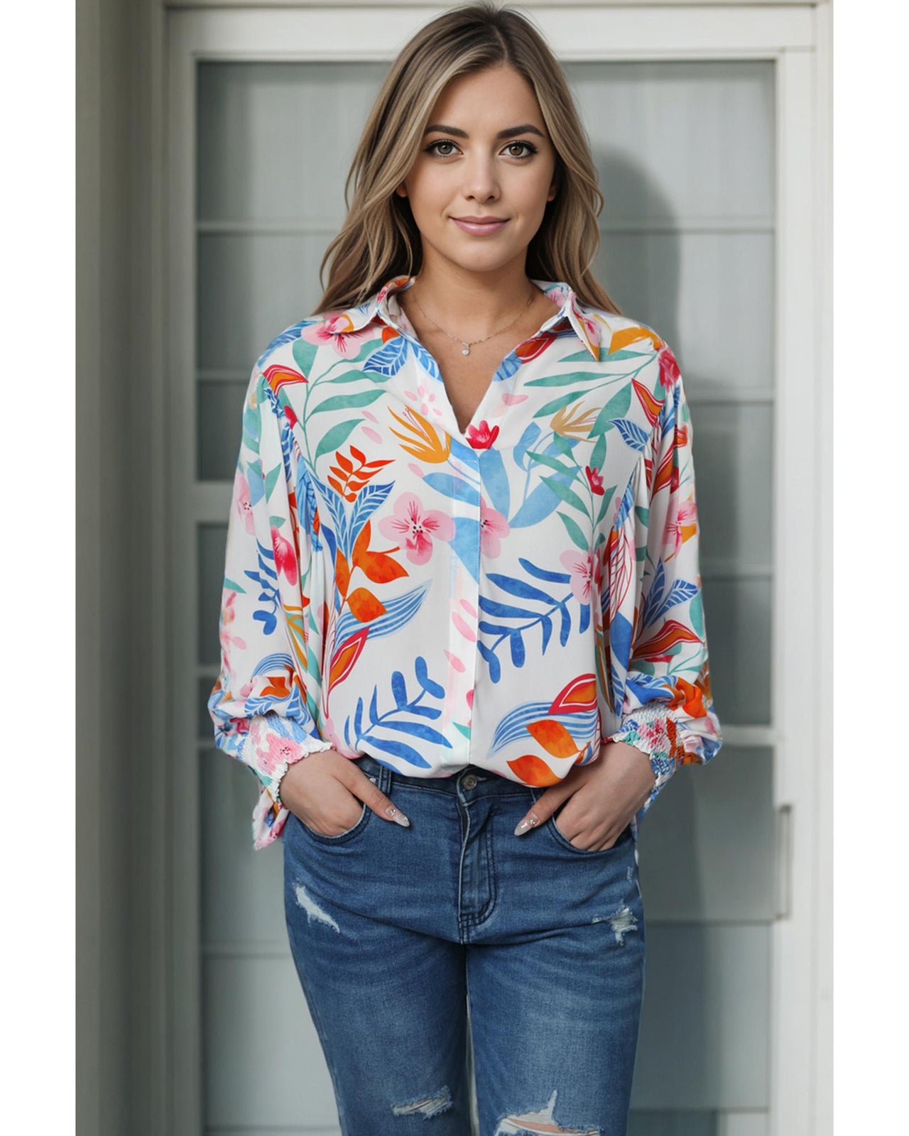 Azura Exchange Vibrant Floral Printed Billowy Sleeve Shirt - L