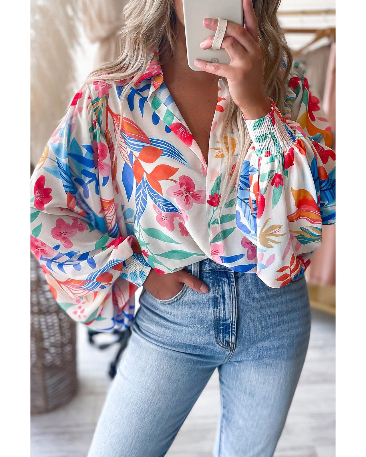 Azura Exchange Vibrant Floral Printed Billowy Sleeve Shirt - M