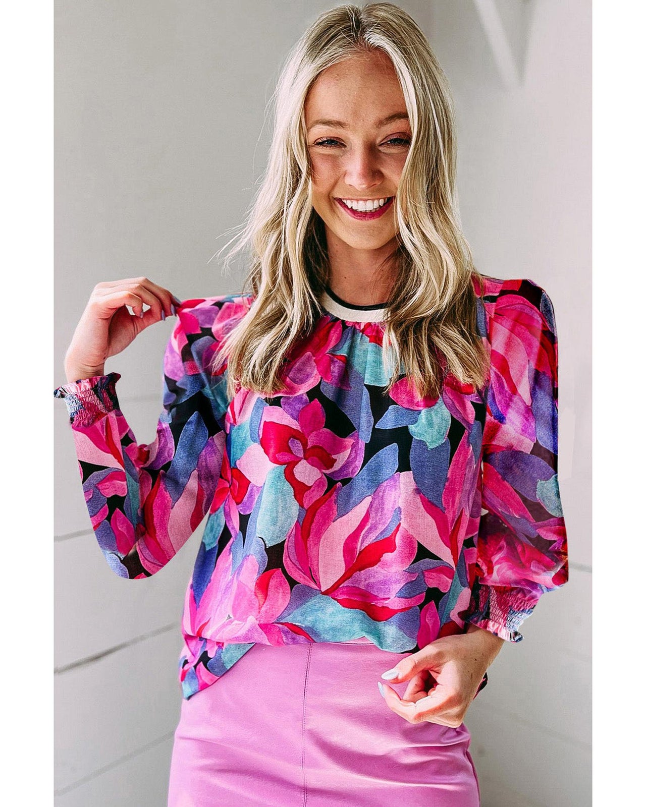 Azura Exchange Floral Print Ruched Sleeve Puff Sleeve Blouse - L