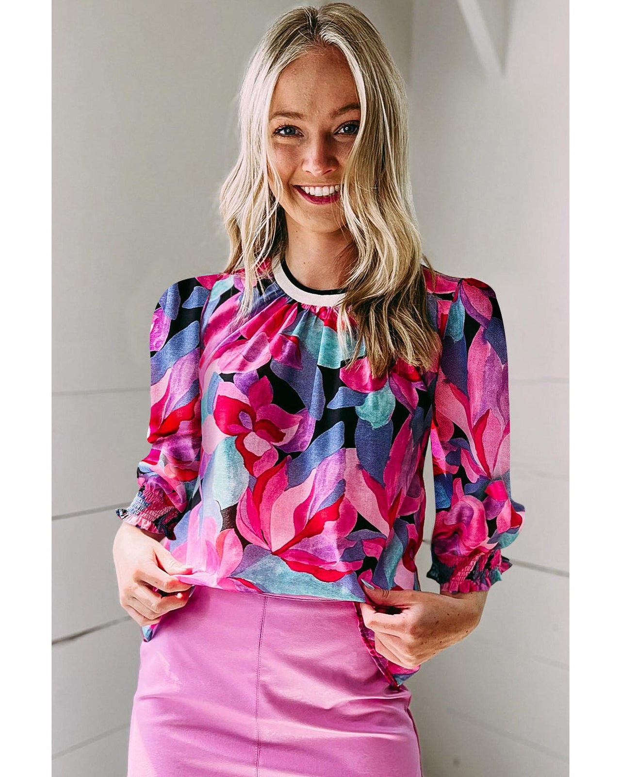 Azura Exchange Floral Print Ruched Sleeve Puff Sleeve Blouse - L