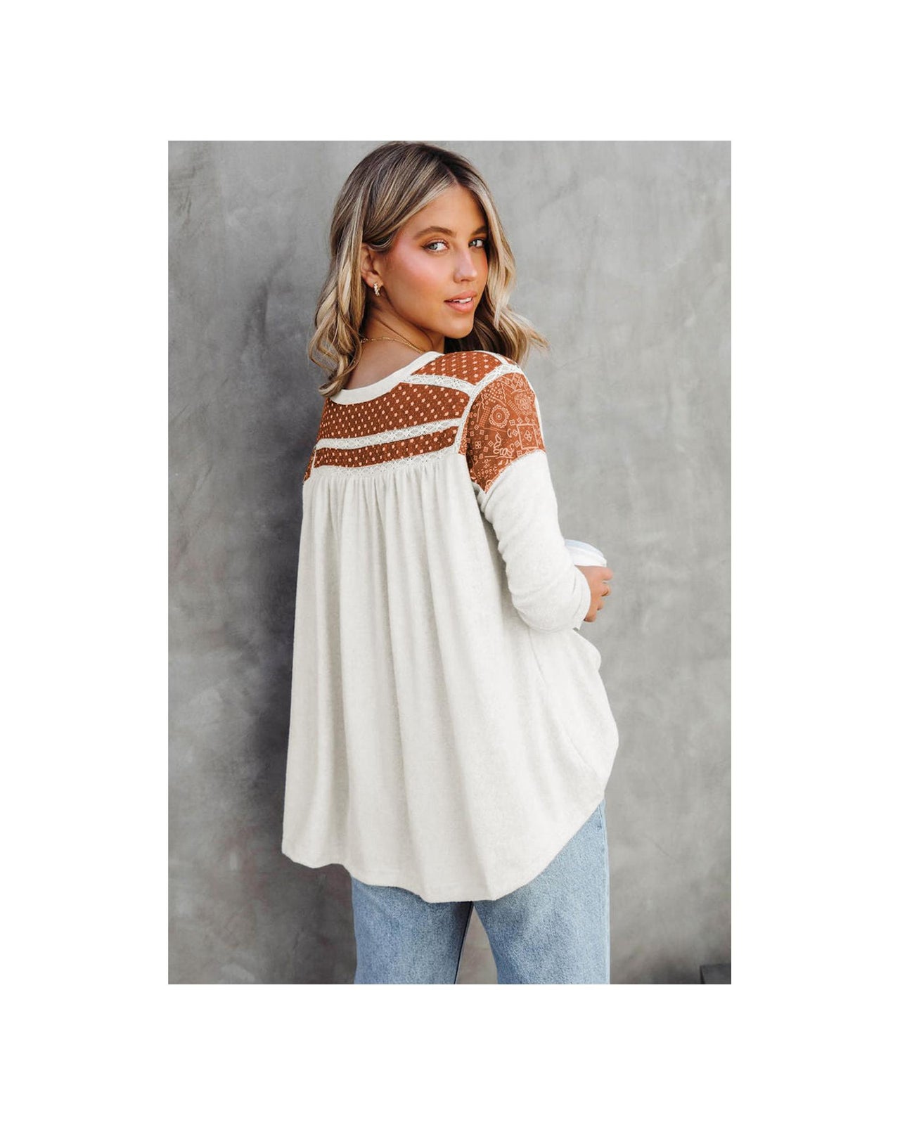 Azura Exchange Contrast Crochet Lace Henley Top - M