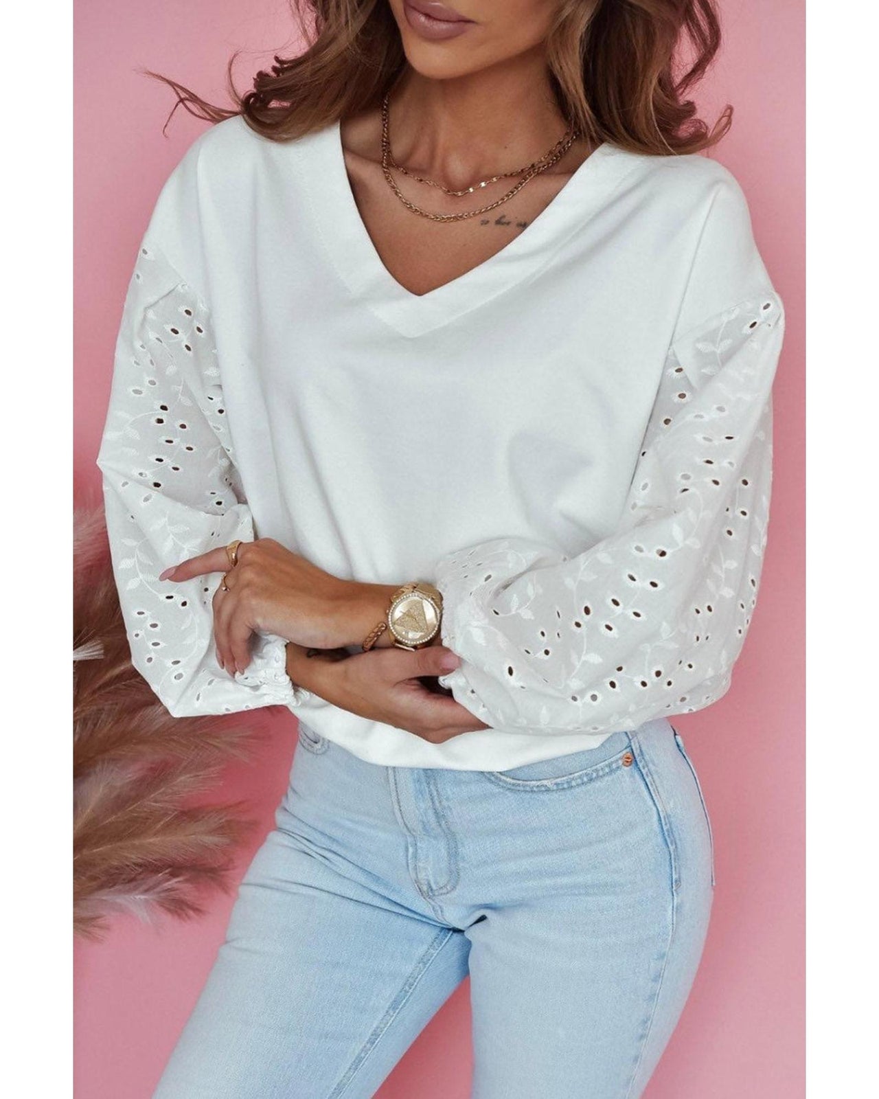 Azura Exchange Embroidered Patchwork Puff Sleeve Blouse - L