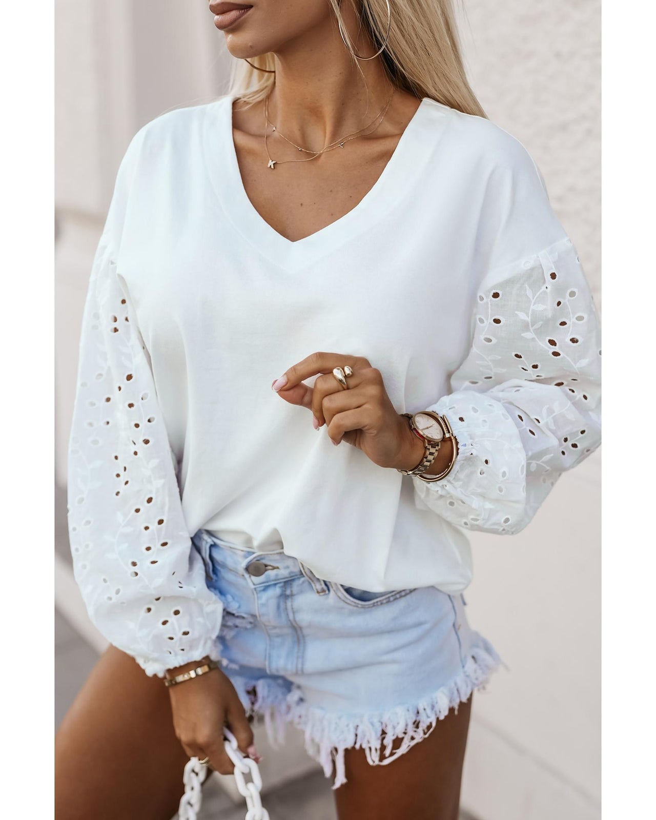 Azura Exchange Embroidered Patchwork Puff Sleeve Blouse - L