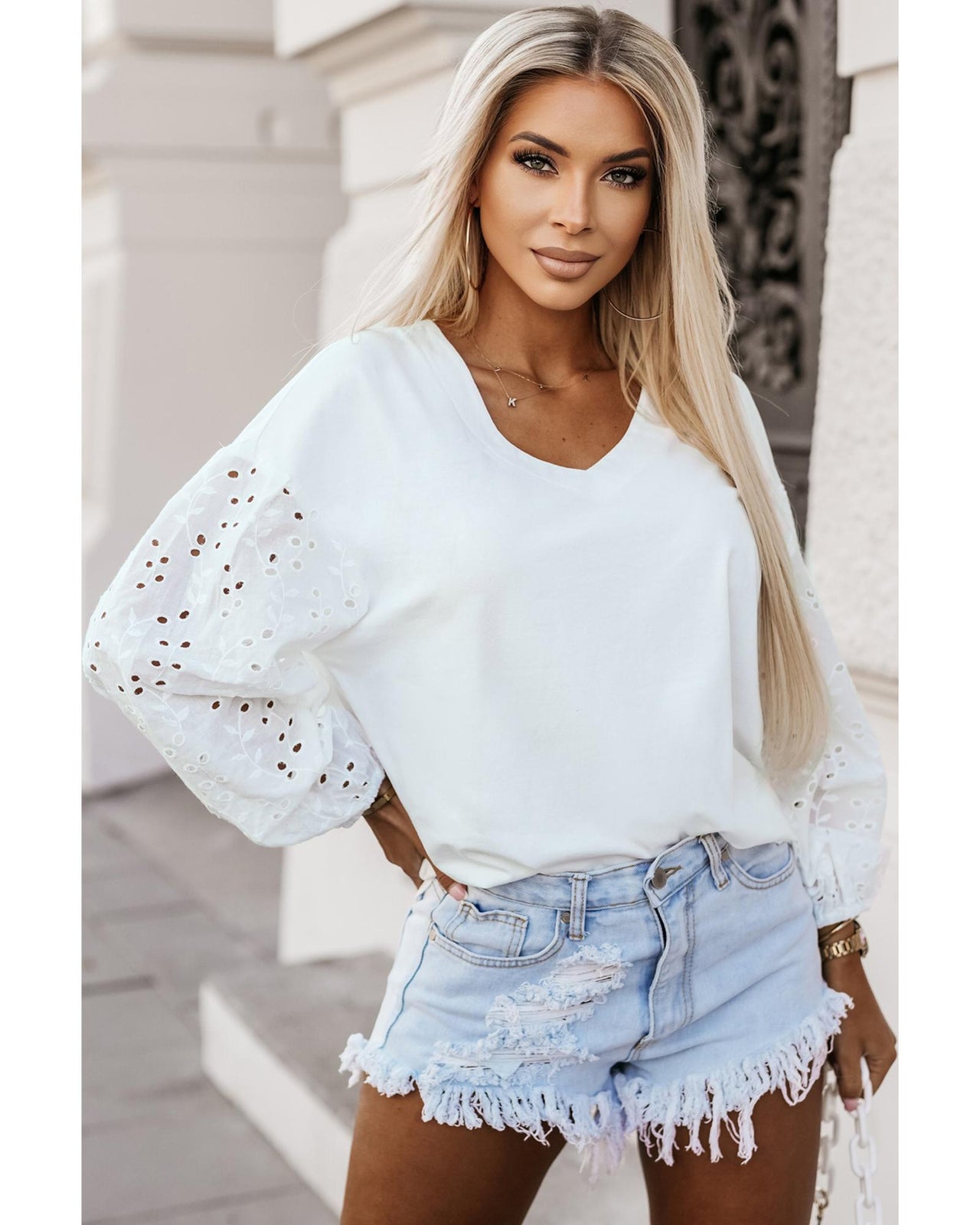 Azura Exchange Embroidered Patchwork Puff Sleeve Blouse - L