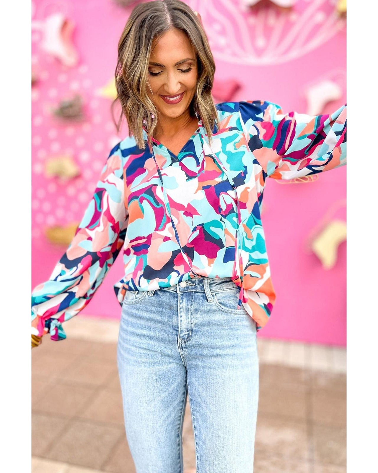 Azura Exchange Abstract Print Frill V Neck Long Sleeve Blouse - M