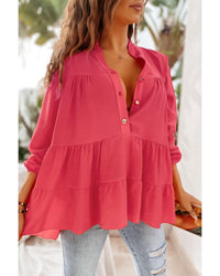 Thumbnail for Azura Exchange Half Buttoned Ruffle Tiered Long Sleeve Blouse - L