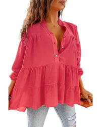 Thumbnail for Azura Exchange Half Buttoned Ruffle Tiered Long Sleeve Blouse - L