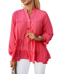 Thumbnail for Azura Exchange Half Buttoned Ruffle Tiered Long Sleeve Blouse - L