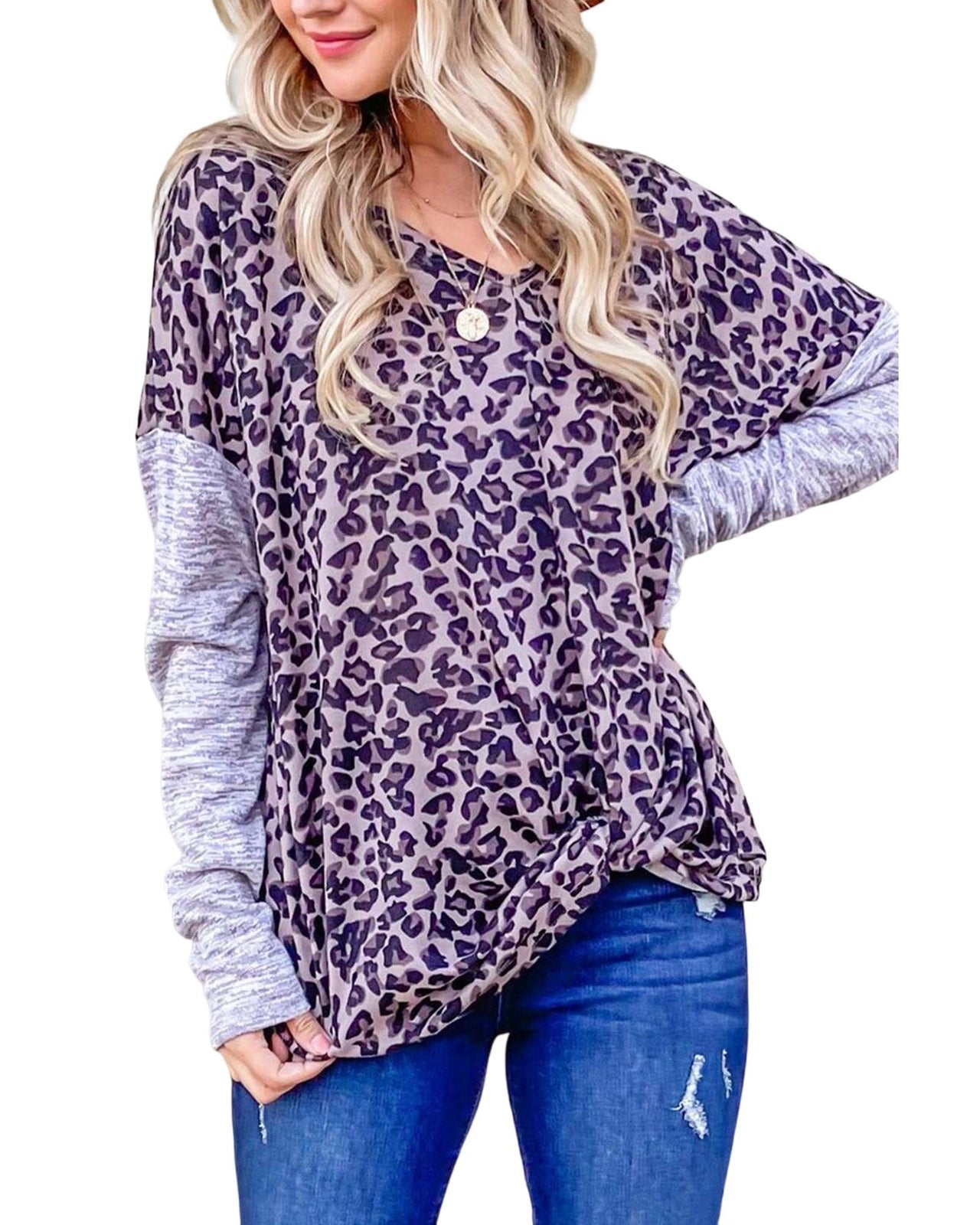 Azura Exchange Leopard Print Drop Shoulder Patchwork Sleeve Top - S