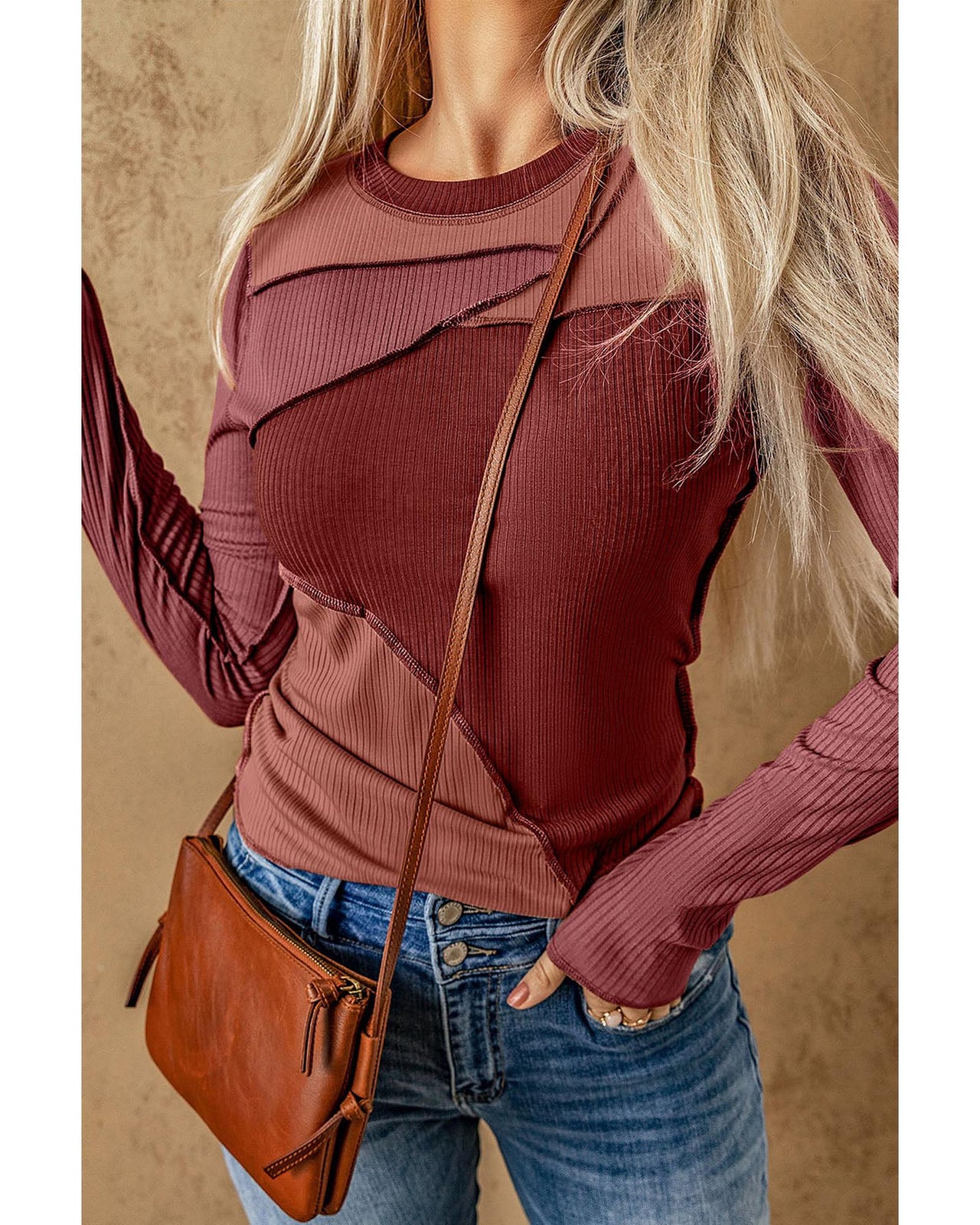 Azura Exchange Color Block Ribbed Knit Top with Exposed Seams - M