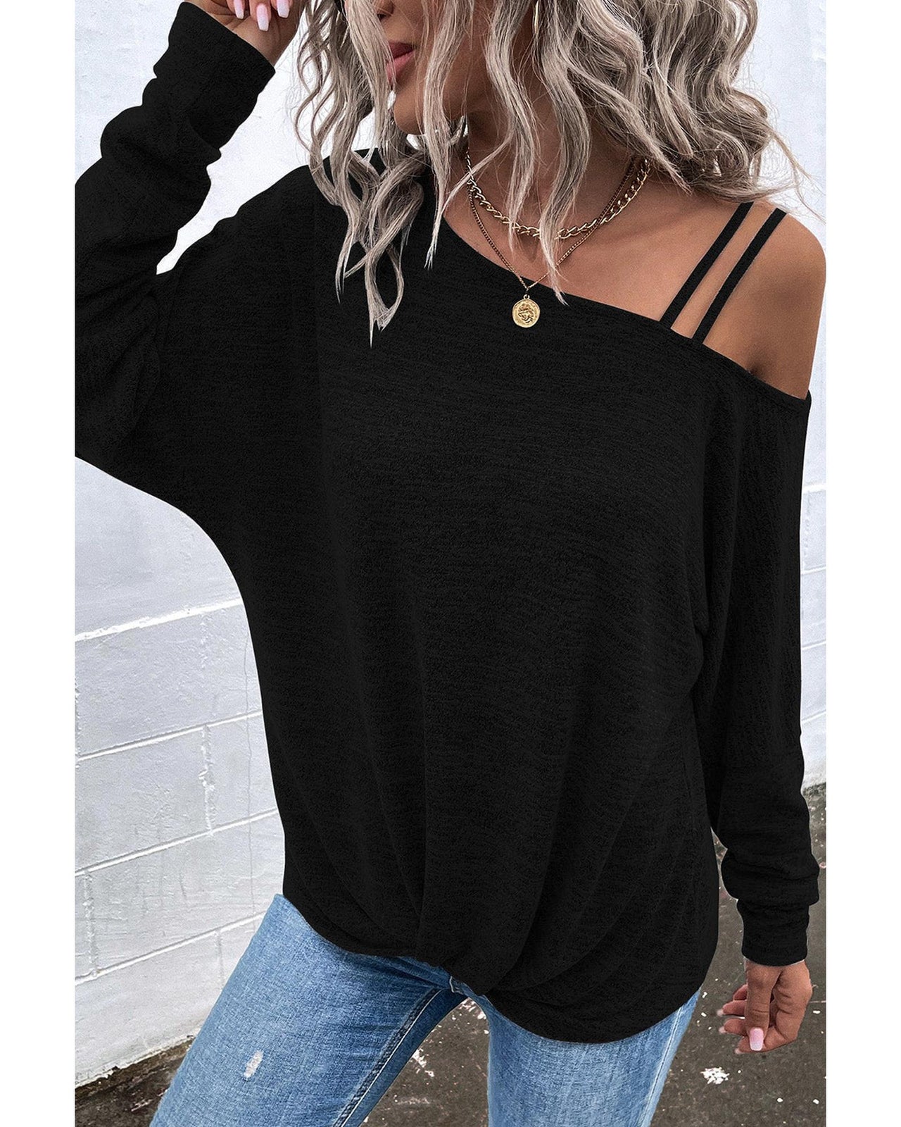 Azura Exchange Asymmetric Strappy Cold Shoulder Long Sleeve Top - S