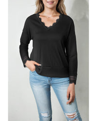 Thumbnail for Azura Exchange Ribbed Texture Lace Trim V Neck Long Sleeve Top - L