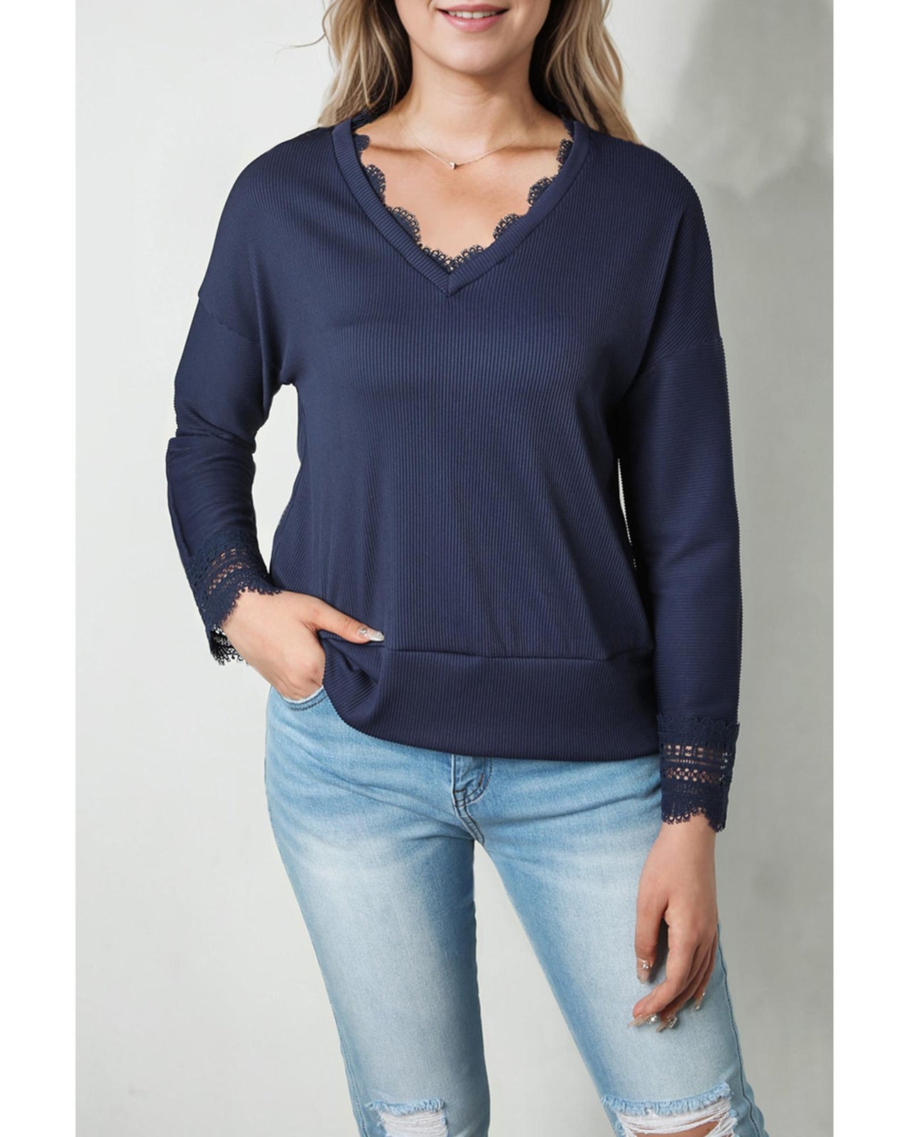 Azura Exchange Ribbed Texture V Neck Long Sleeve Top - L