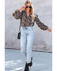 Thumbnail for Azura Exchange Floral Print Ruffled Bubble Sleeve Shirt - L