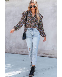 Thumbnail for Azura Exchange Floral Print Ruffled Bubble Sleeve Shirt - L