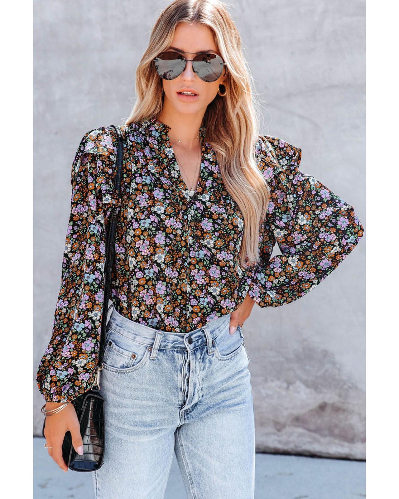 Azura Exchange Floral Print Ruffled Bubble Sleeve Shirt - L