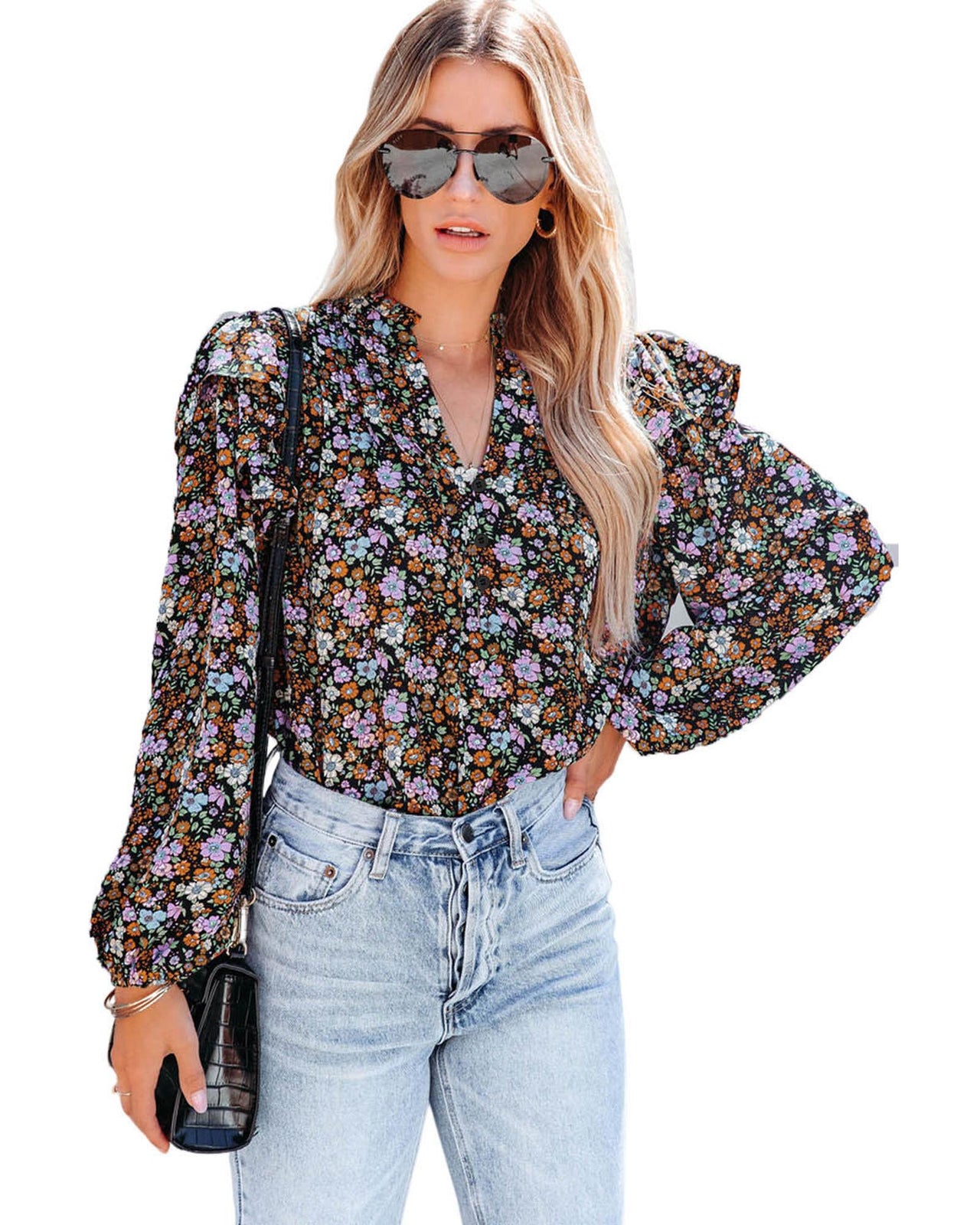 Azura Exchange Floral Print Ruffled Bubble Sleeve Shirt - XL