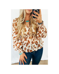 Thumbnail for Azura Exchange Leopard Jacquard Puff Sleeve Peplum Blouse - L