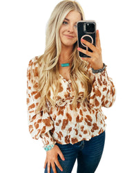 Thumbnail for Azura Exchange Leopard Jacquard Puff Sleeve Peplum Blouse - L