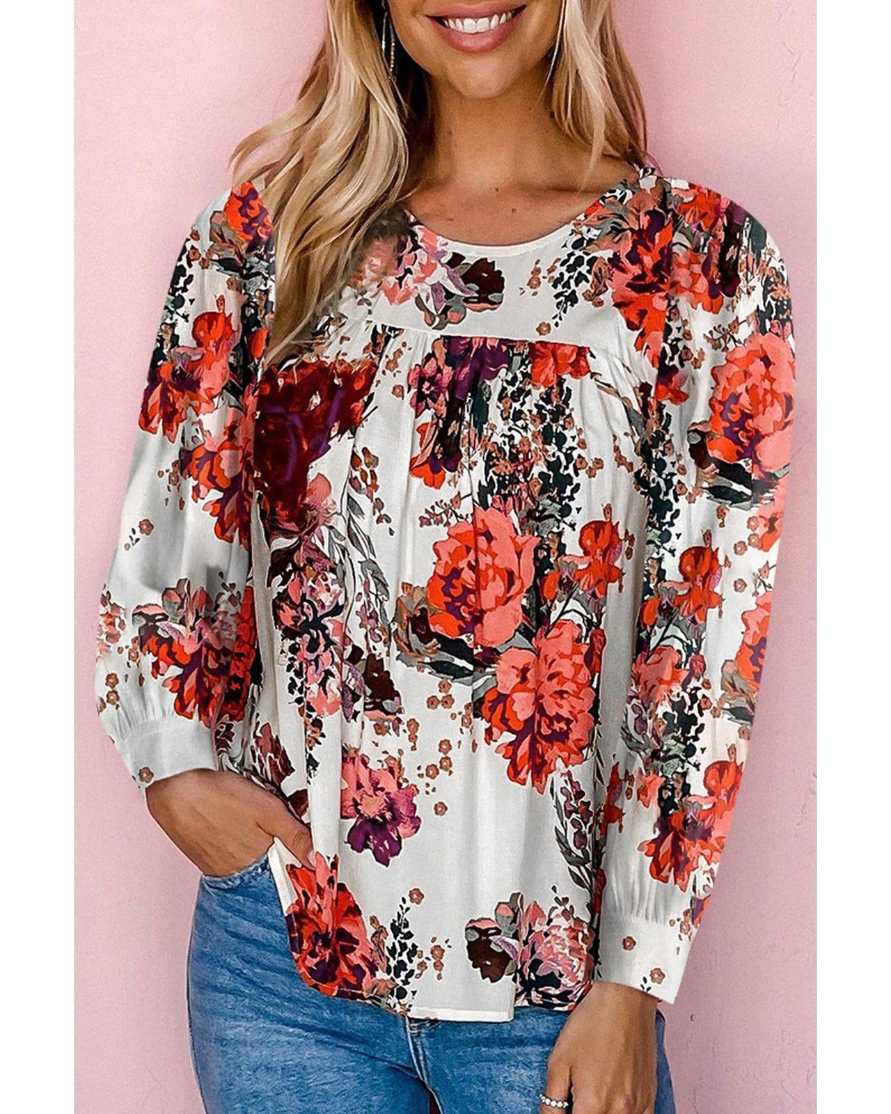 Azura Exchange Retro Floral Long Sleeve Blouse - M