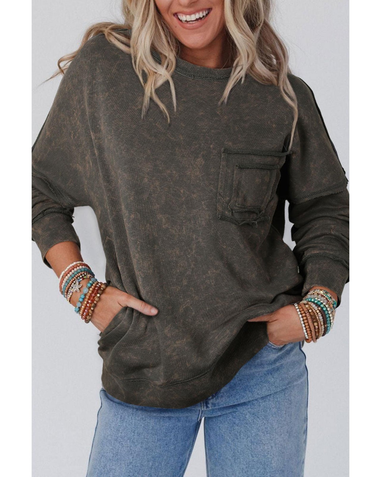 Azura Exchange Acid Wash Drop Shoulder Long Sleeve Sweatshirt with Pockets - M