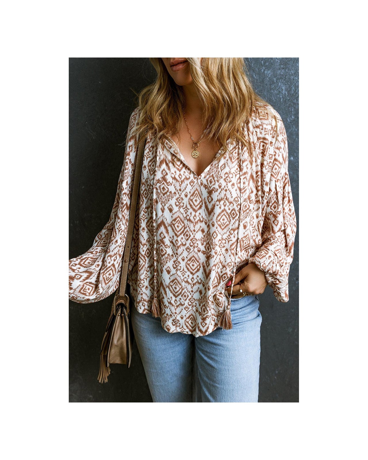 Azura Exchange Western Print Balloon Sleeve Tassel Blouse - M