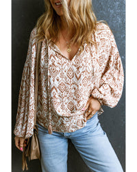 Thumbnail for Azura Exchange Western Print Balloon Sleeve Tassel Blouse - M