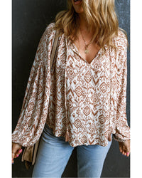 Thumbnail for Azura Exchange Western Print Balloon Sleeve Tassel Blouse - M