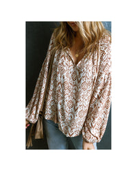 Thumbnail for Azura Exchange Western Print Balloon Sleeve Tassel Blouse - M