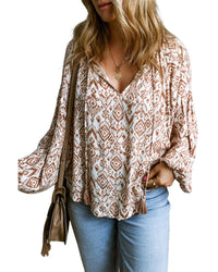 Thumbnail for Azura Exchange Western Print Balloon Sleeve Tassel Blouse - M