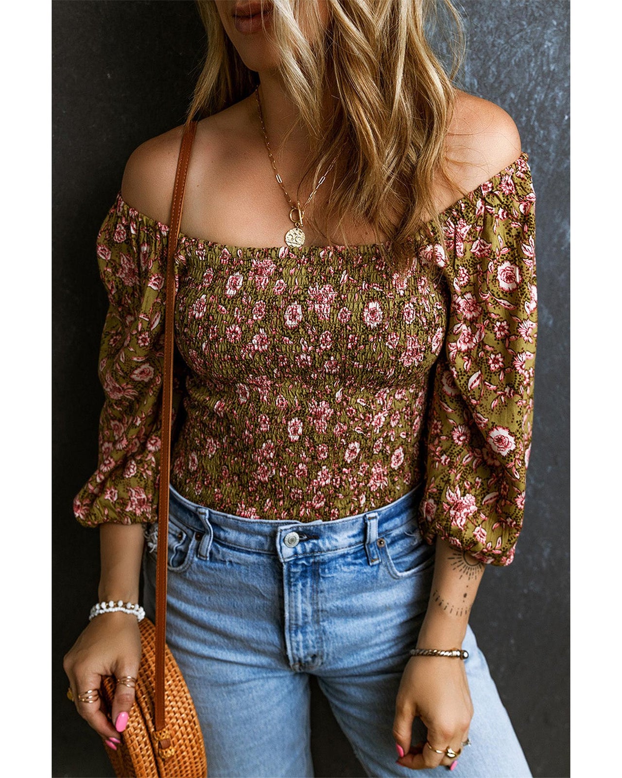 Azura Exchange Floral Print Shirred Off Shoulder Blouse - L