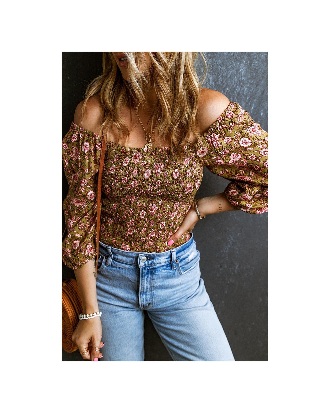 Azura Exchange Floral Print Shirred Off Shoulder Blouse - L