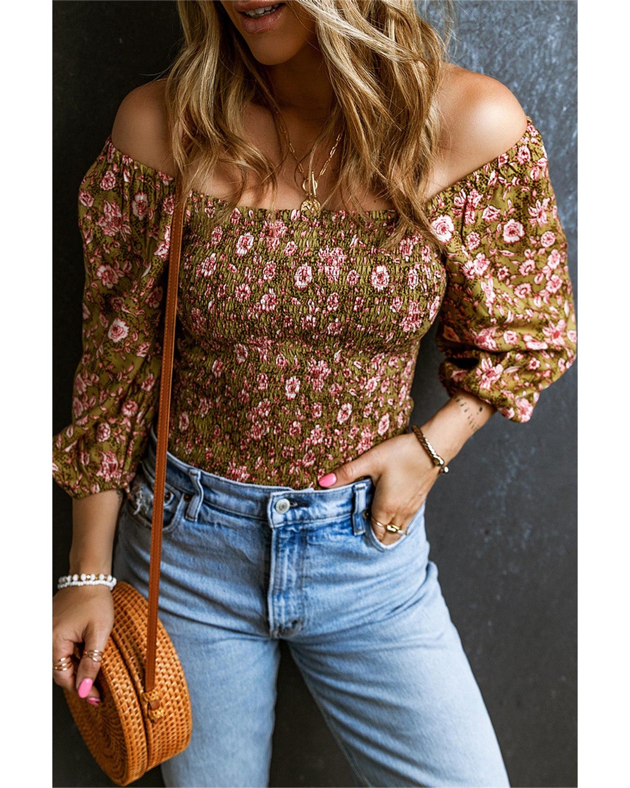 Azura Exchange Floral Print Shirred Off Shoulder Blouse - L