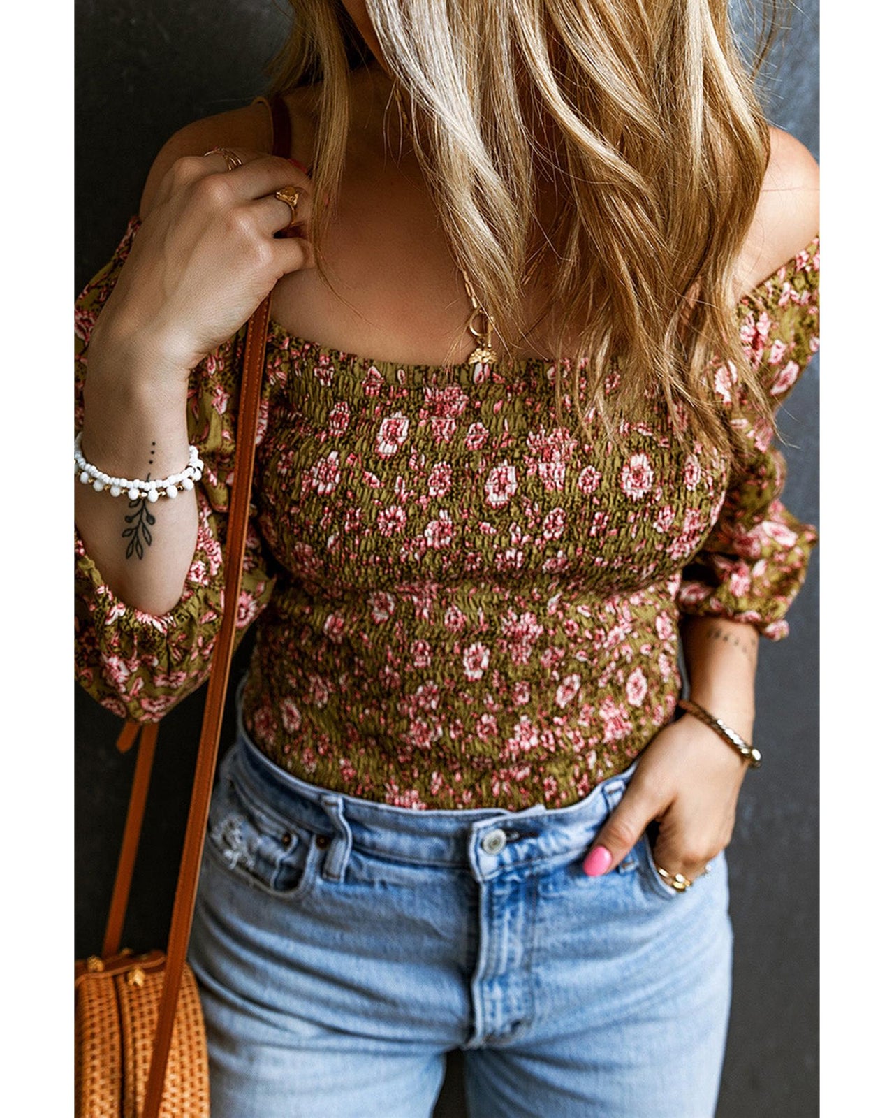 Azura Exchange Floral Print Shirred Off Shoulder Blouse - L