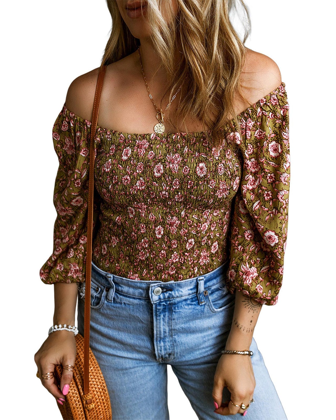 Azura Exchange Floral Print Shirred Off Shoulder Blouse - L