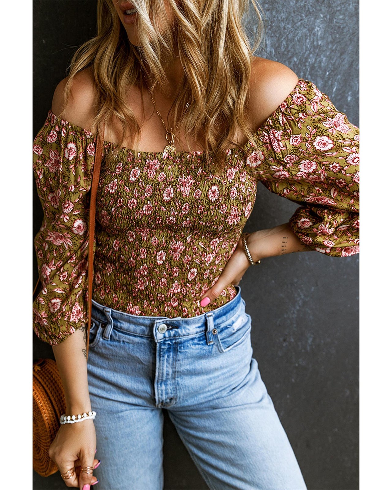 Azura Exchange Floral Print Shirred Off Shoulder Blouse - L