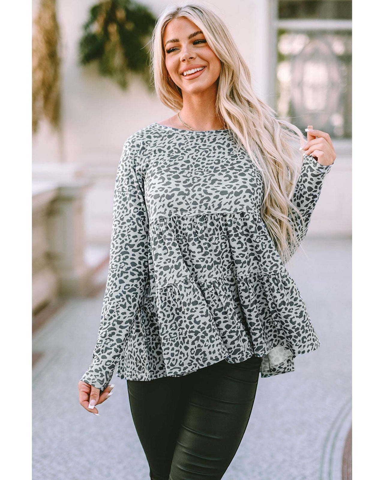 Azura Exchange Leopard Print Long Sleeve Ruffled Blouse - L