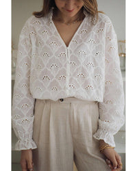 Thumbnail for Azura Exchange Exaggerated Silhouette White Lace Blouse with Hollow Outs - L