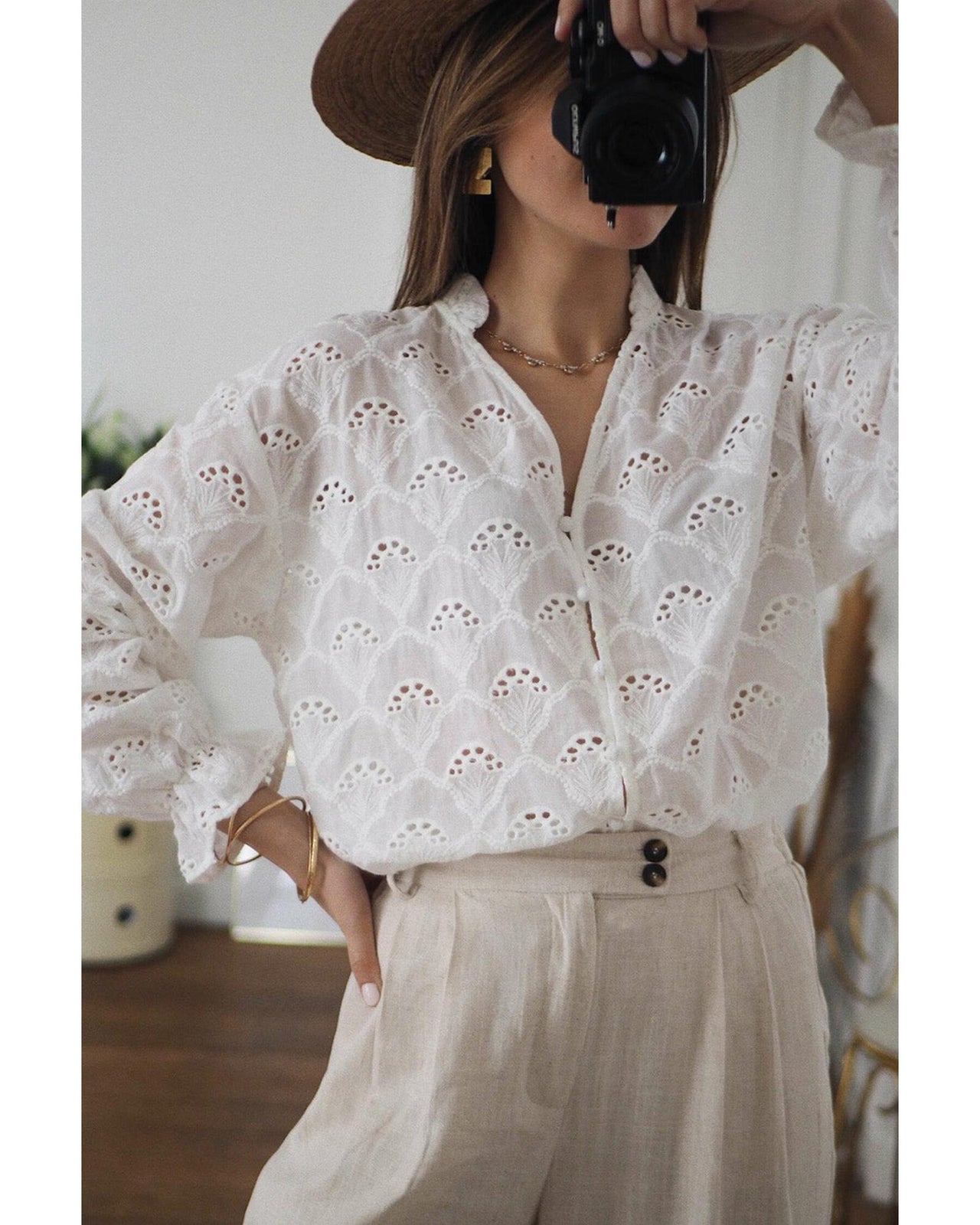 Azura Exchange Exaggerated Silhouette White Lace Blouse with Hollow Outs - L